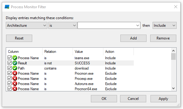 Process Monitor - filter settings